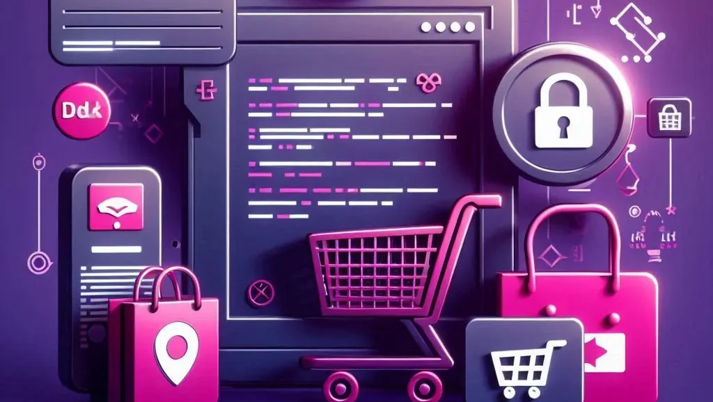 DG10 - A vibrant digital illustration representing e-commerce security highlights a central shopping cart icon surrounded by a padlock, shopping bags, location pin, and various digital symbols and code snippets on a purple background. Perfect for content marketing on web development solutions and online data protection.