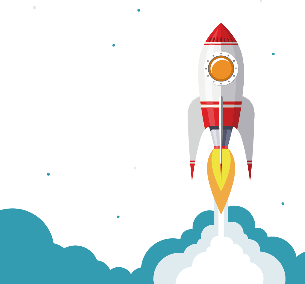 DG10 - Cartoon-style rocket with a red cone-shaped top, white body, and red fins. The rocket has a round window and is blasting off with yellow-orange flames and white smoke trailing behind. Sparse blue dots surround the rocket, and blue clouds are visible at the bottom. Hire a developer to bring your web development solutions to life!